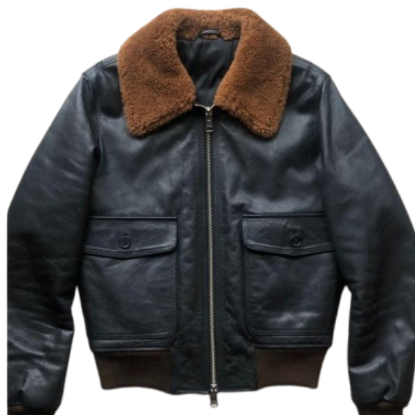 Black Leather Aviator Shearling Collar Bomber Jacket - Image 3