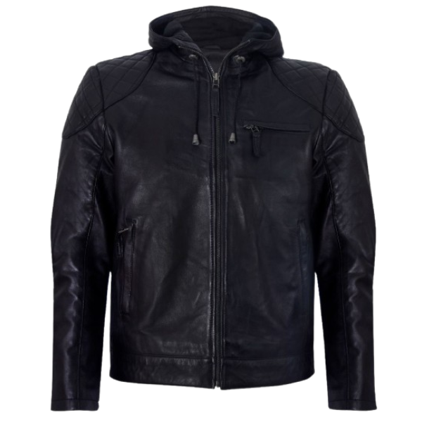 Men’s BlackLeather Hooded Bomber Jacket