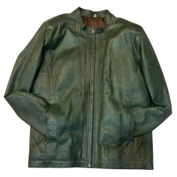 Men Olive Green Solid Leather Jacket