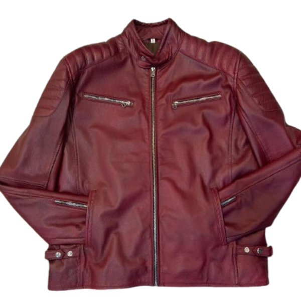 Men's Maroon Stand Collar Leather Jacket