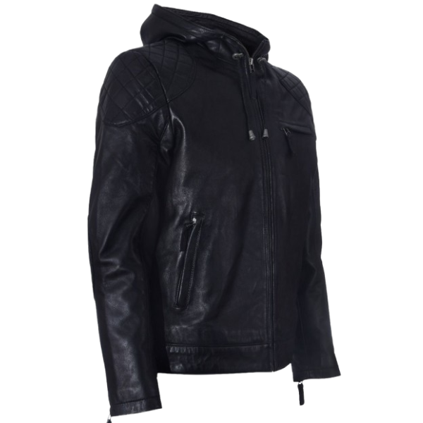 Menβs BlackLeather Hooded Bomber Jacket - Image 2