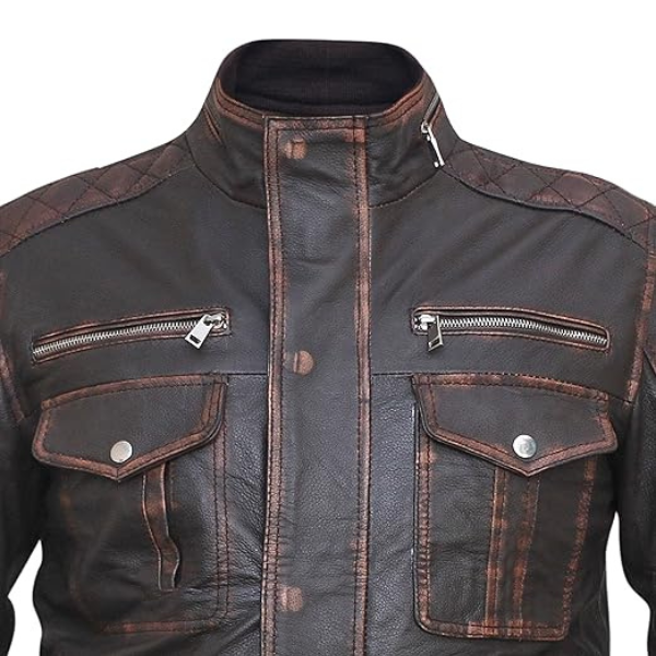 Mens Dark Brown Distressed Six Pocket Vintage Leather Jacket - Image 3