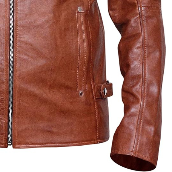 Menβs Cafe Racer Leather Brown Jacket - Image 3