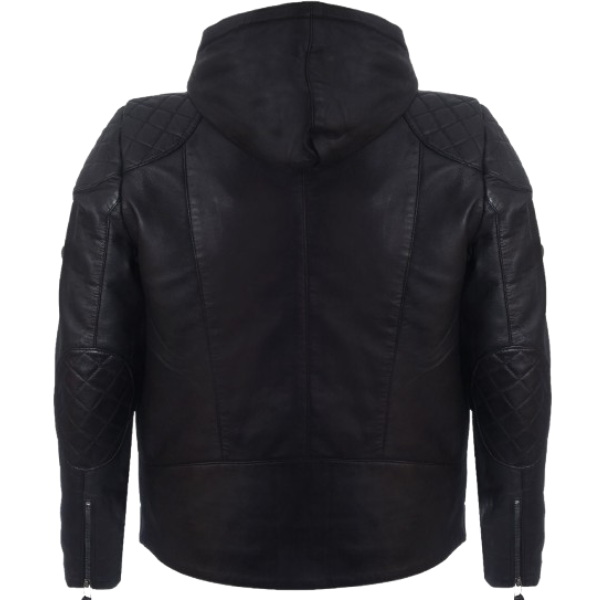 Menβs BlackLeather Hooded Bomber Jacket - Image 3
