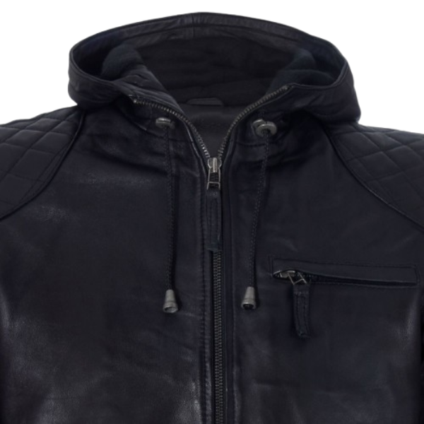 Menβs BlackLeather Hooded Bomber Jacket - Image 4