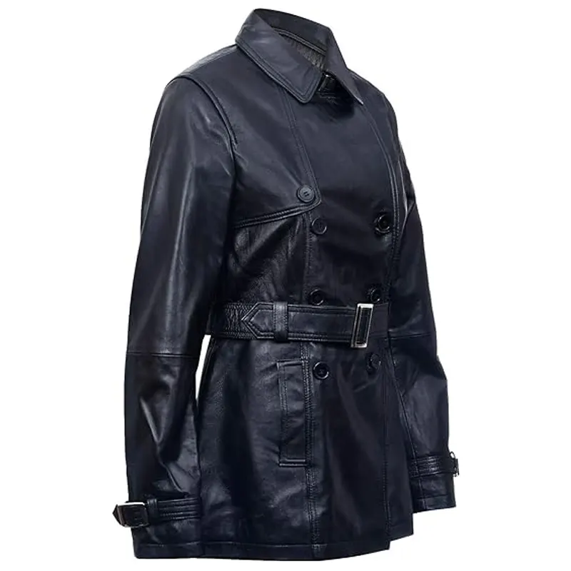 Black Mid Length Leather Overcoat - Image 2