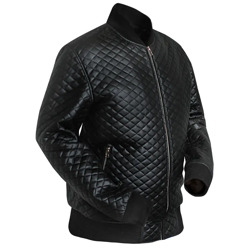 Menβs Diamond Quilted Black Motorcycle Bomber Jacket - Image 2