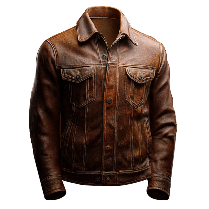 Brown Leather Trucker-Style Jacket
