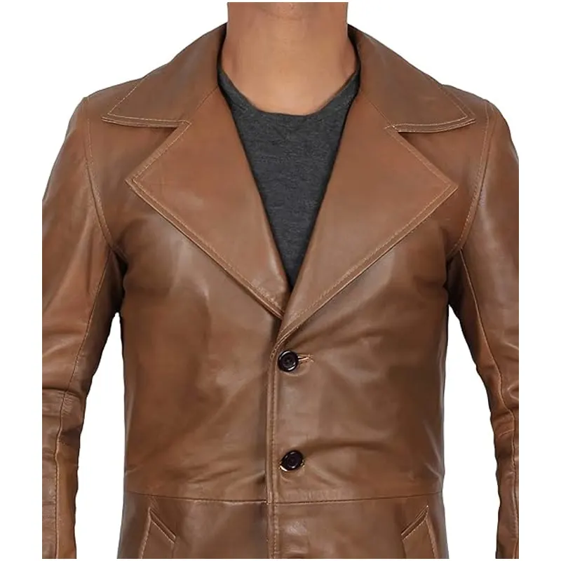 Vintage Wide Lapel Leather Trench Coat - Image 3