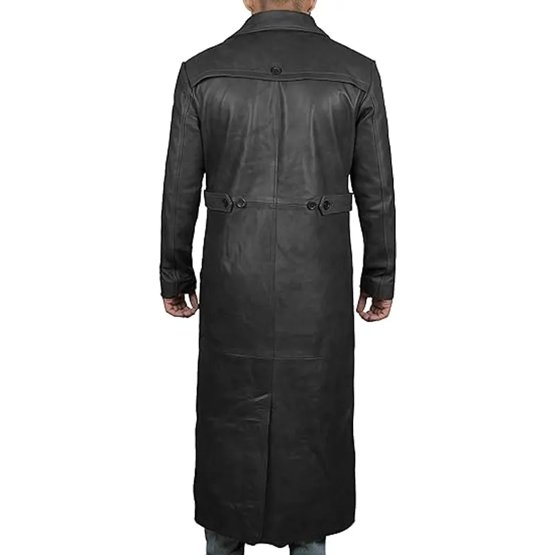 Distressed Black Real Leather Trench Coat - Image 3