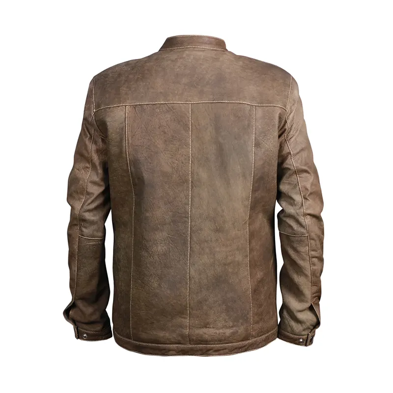 Menβs Distressed Khaki Motorcycle Leather Jacket - Image 2