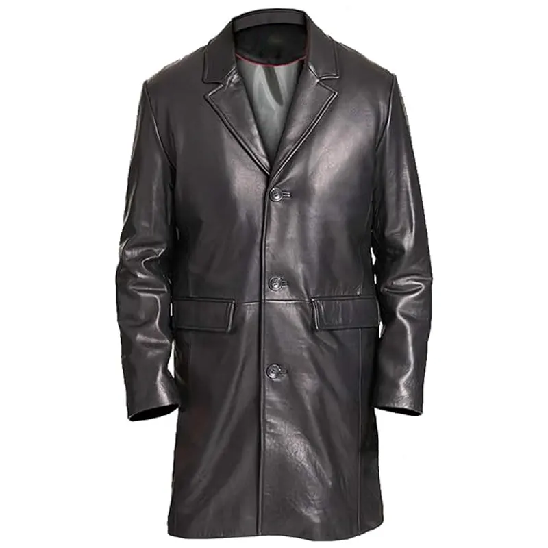 Classic Black Genuine Leather Overcoat