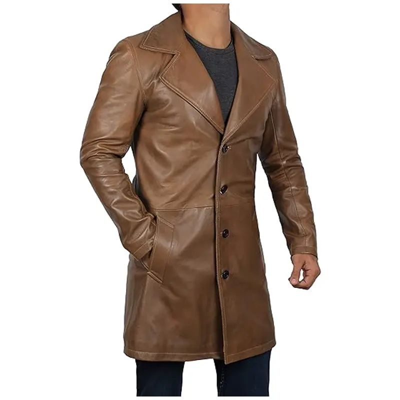 Vintage Wide Lapel Leather Trench Coat - Image 2