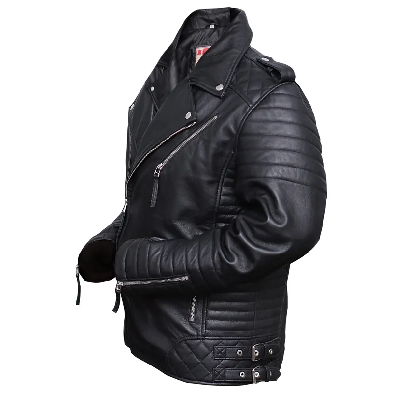 Men's Black Brando Diamond Design Motorcycle Leather Jacket - Image 2