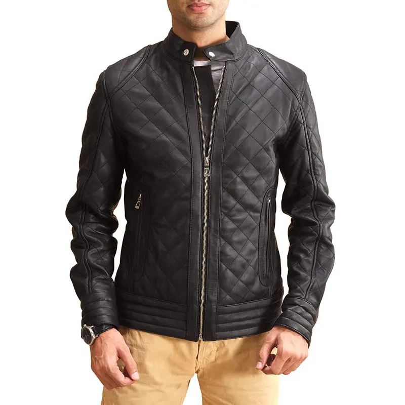 Men Black Leather Quilted Jacket