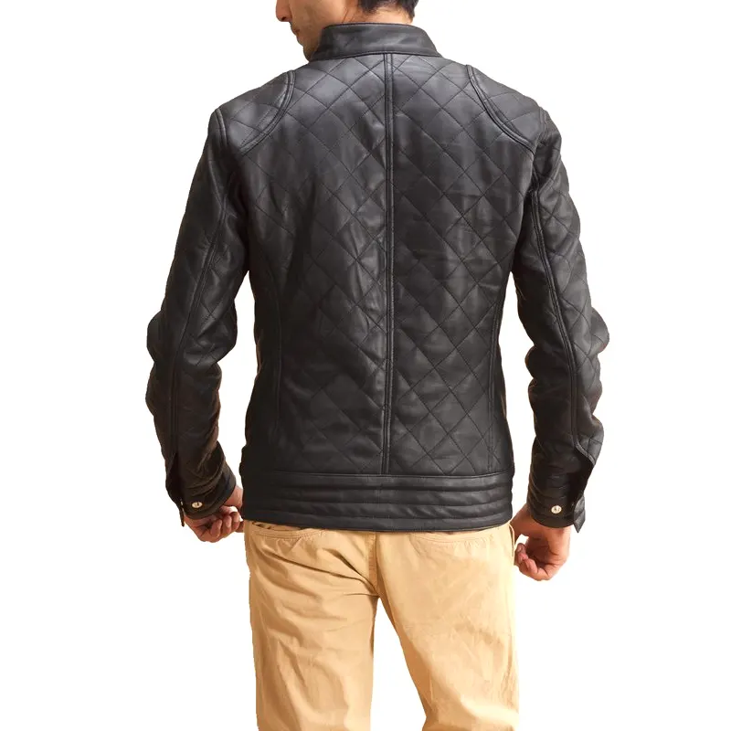 Men Black Leather Quilted Jacket - Image 3