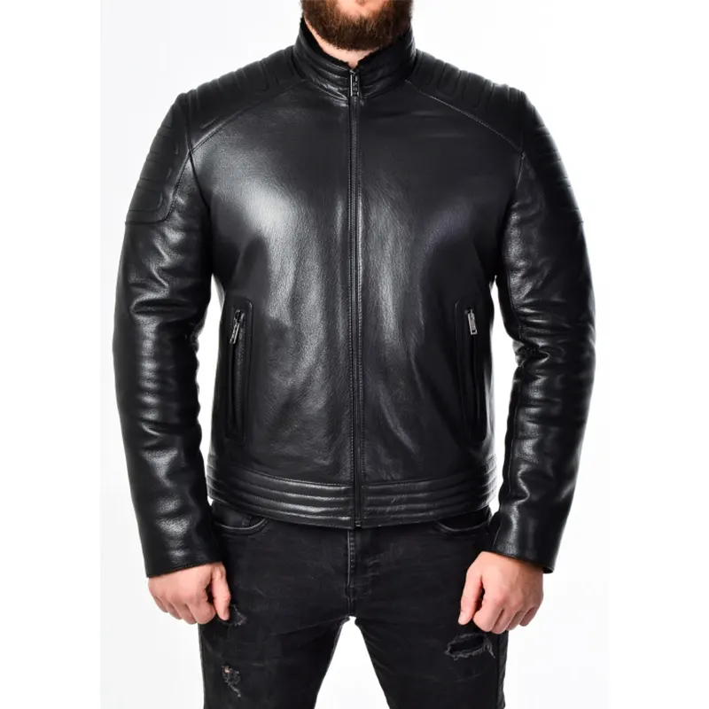 Men Padded Black Leather Biker Jacket - Image 2