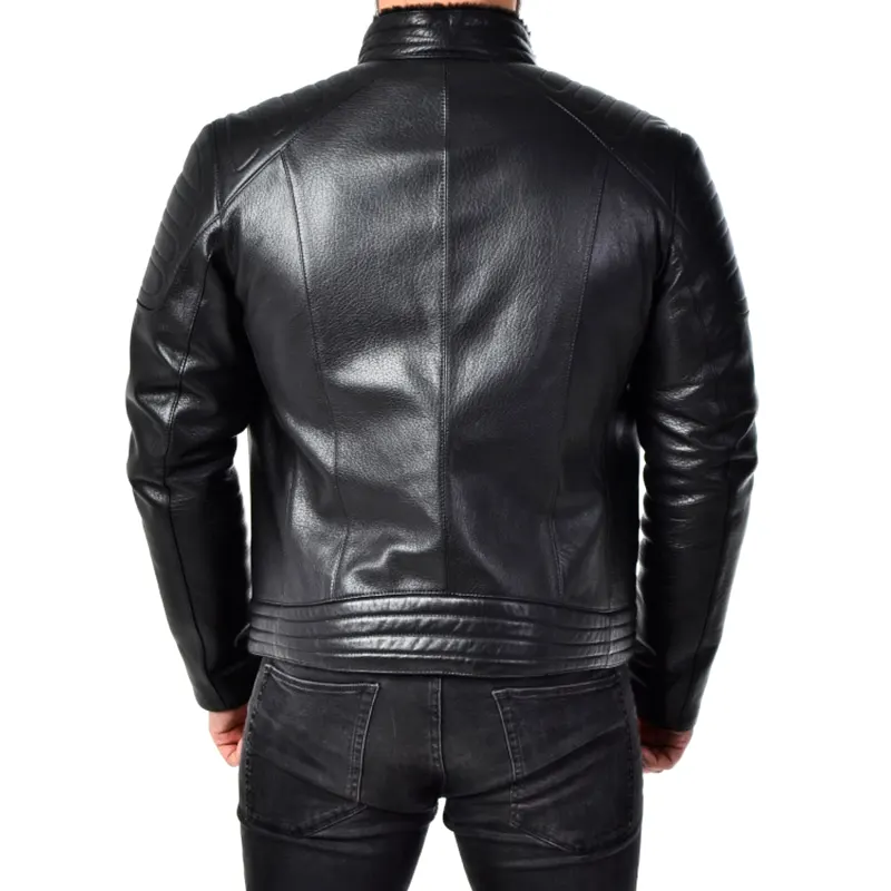 Men Padded Black Leather Biker Jacket - Image 3