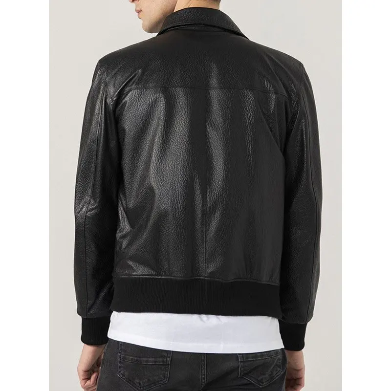 Men's Shirt Collar Black Leather Jacket - Image 2