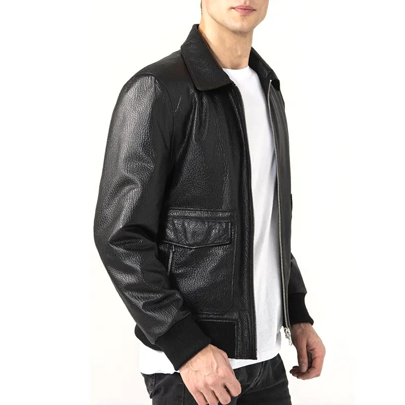 Men's Shirt Collar Black Leather Jacket - Image 3
