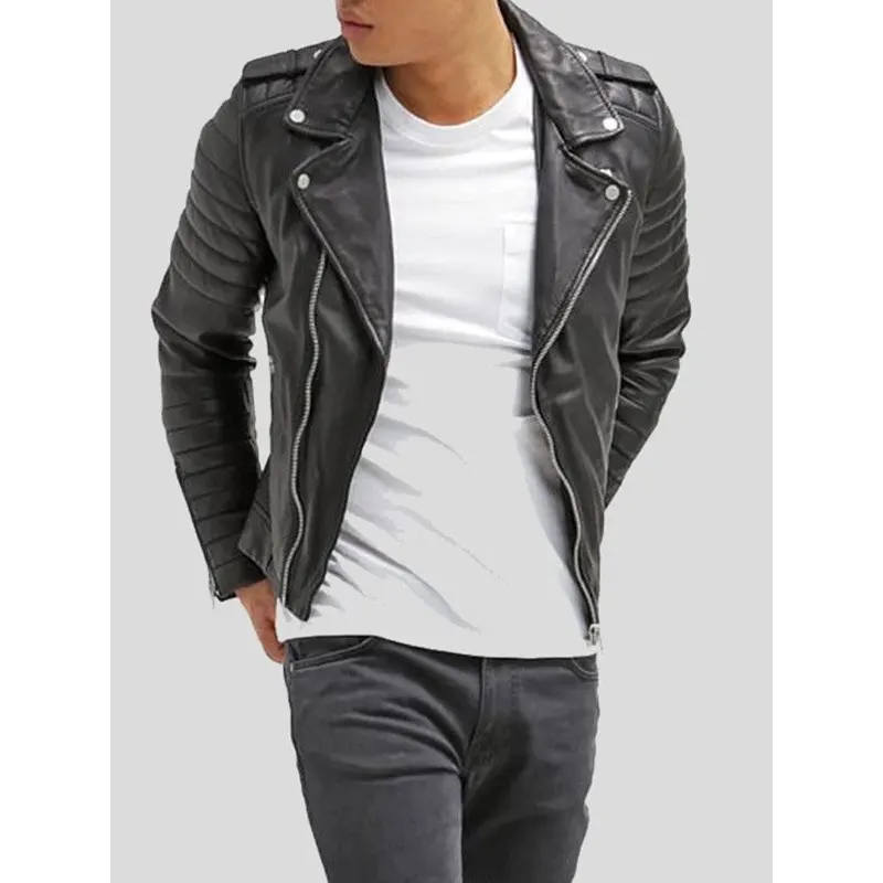 Menβs Biker Black Slim Fit Leather Jacket - Image 2