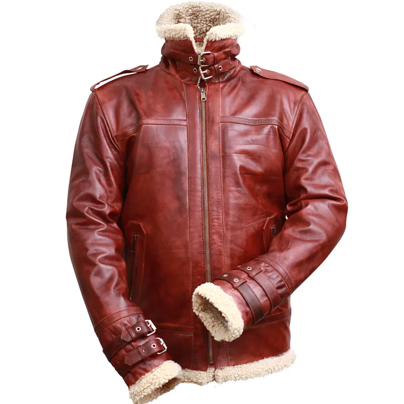 Men's Brown Shearling Stand Collar Real Leather Jacket