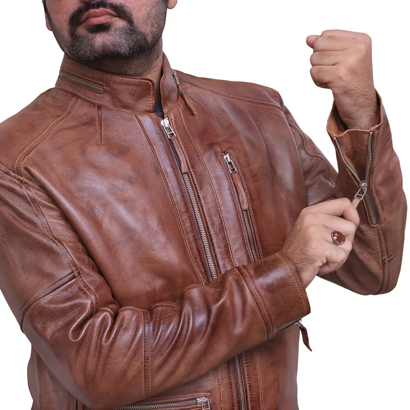 Men's Brown Vintage Cafe Racer Style Leather Jacket - Image 3