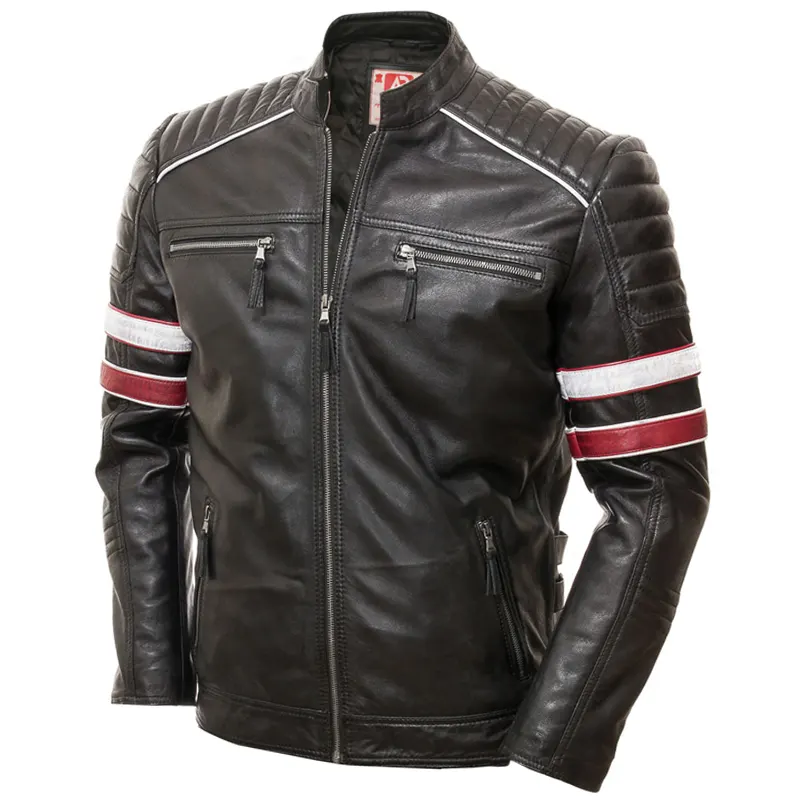 Men's Racing Biker Stripes Real Leather Casual Fit Jacket