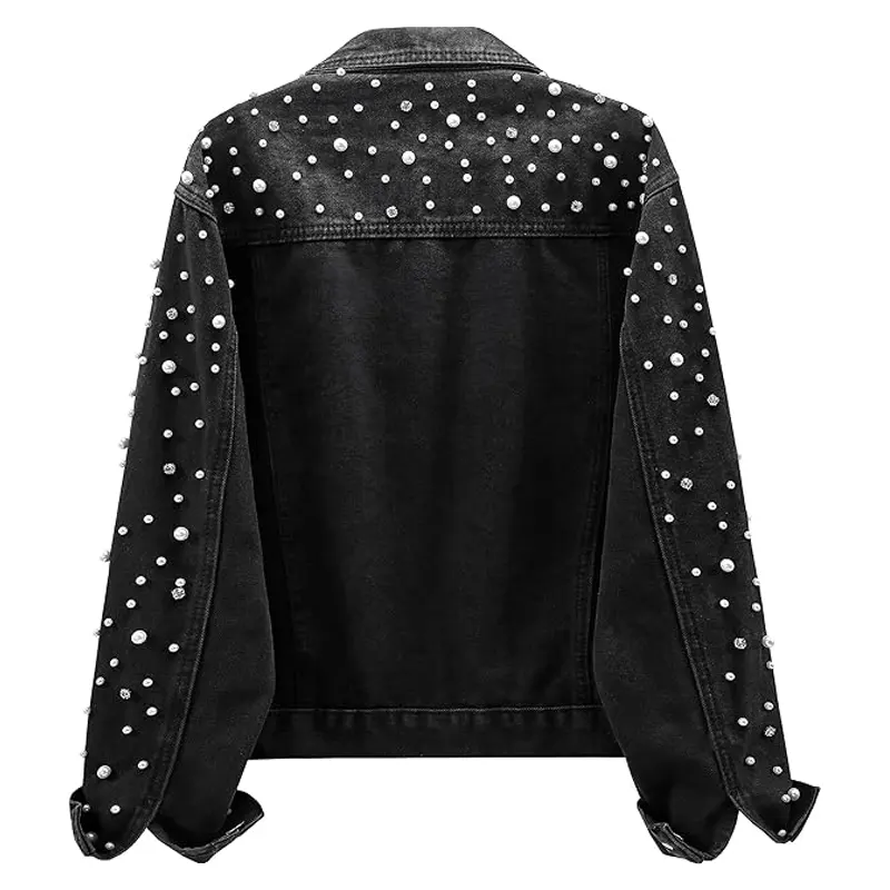 Pearls Cropped Rhinestones Jean Jacket - Image 2