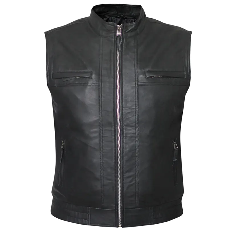 Premium Real Black Motorcycle Leather Vest For Men