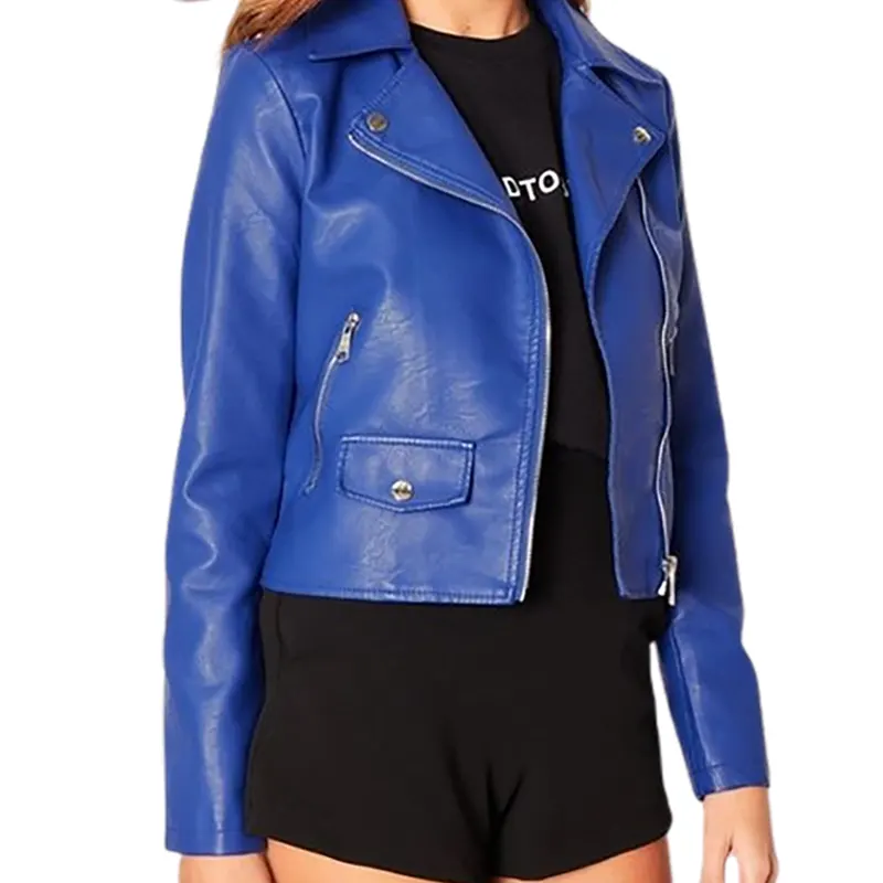 Women Biker Blue Leather Jacket