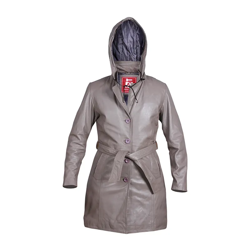 Women's Grey Hooded Leather Overcoat With Belt