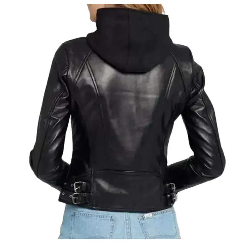 Women’s Black Leather Jacket With Hood - Image 2