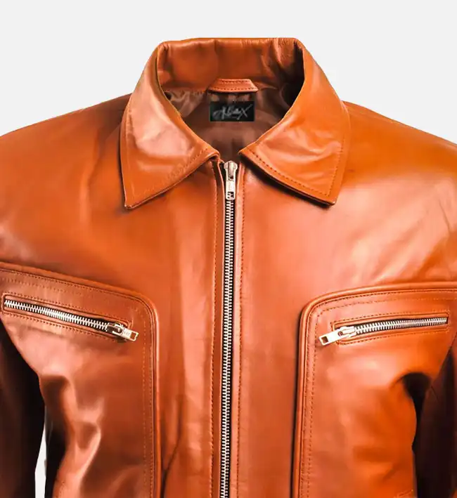 Menβs Brown Leather Jacket with Zip Pocket - Image 3