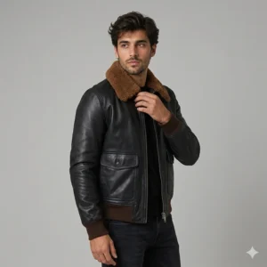 Men’s Black Leather Bomber Jacket with Shearling Collar