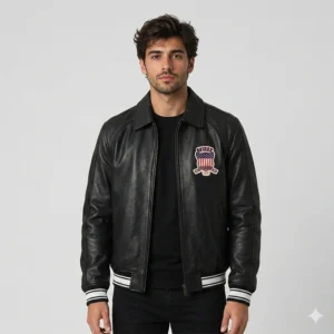 Men’s Black Leather Varsity Bomber Jacket
