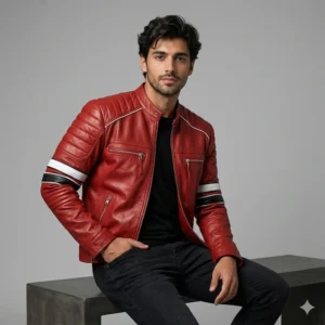 Men’s Red Racing Leather Jacket with Stripes