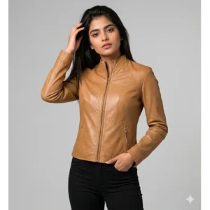 Women’s Camel Brown Leather Racer Jacket