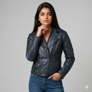 Women’s Navy Blue Belted Leather Biker Jacket