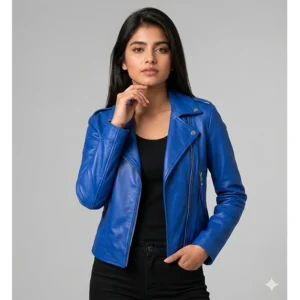 Women’s Royal Blue Leather Biker Jacket